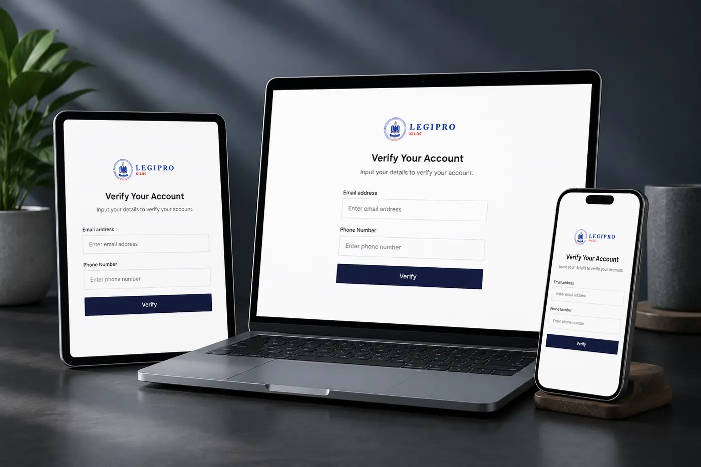 LEGIPRO account verification interface displayed across laptop, tablet, and smartphone mockups with a modern dark studio background.