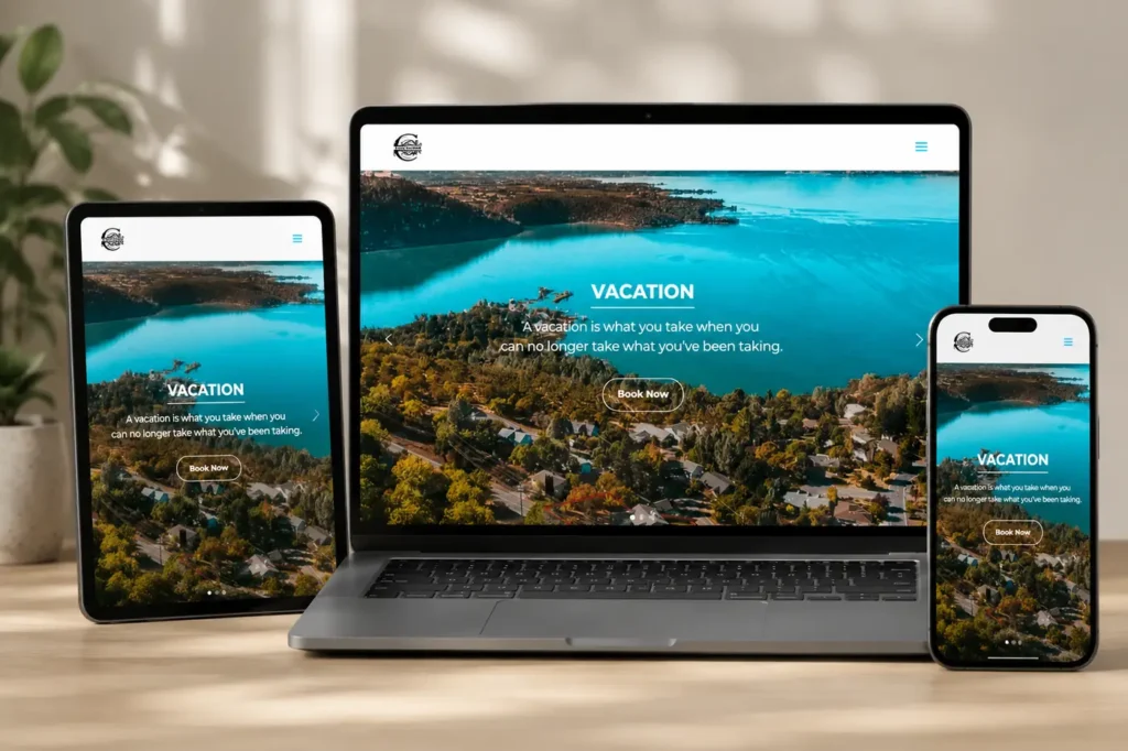 Travel and vacation website homepage displayed across laptop, tablet, and smartphone mockups featuring a scenic lake landscape and booking interface.