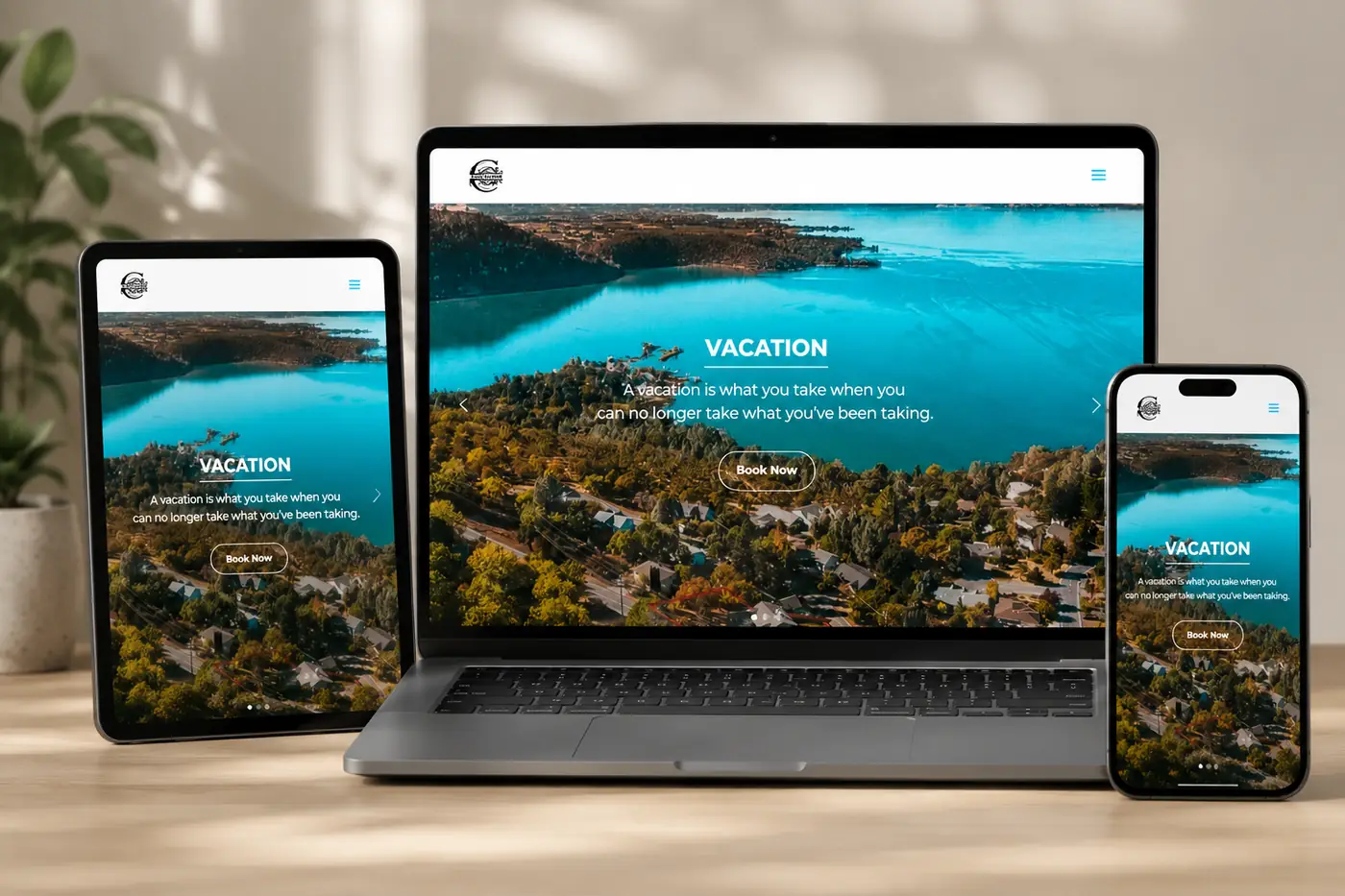 Travel and vacation website homepage displayed across laptop, tablet, and smartphone mockups featuring a scenic lake landscape and booking interface.