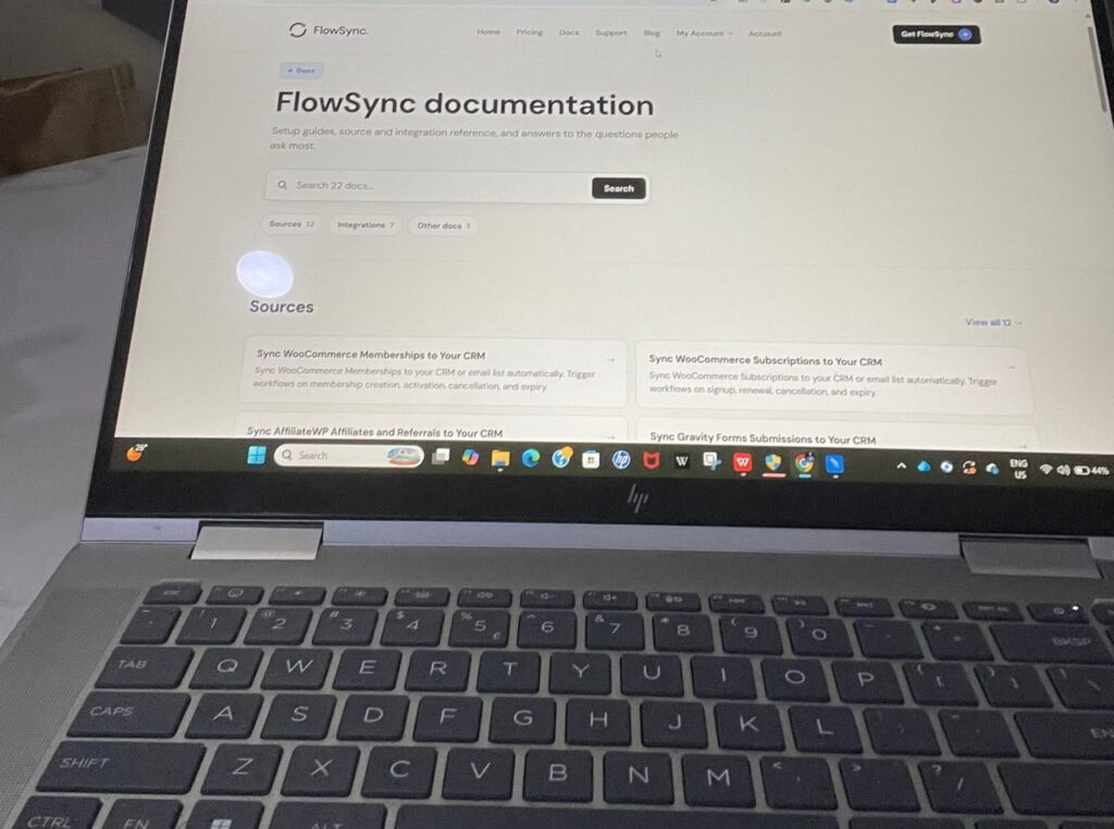 flowsync's doc page opened on a laptop browser